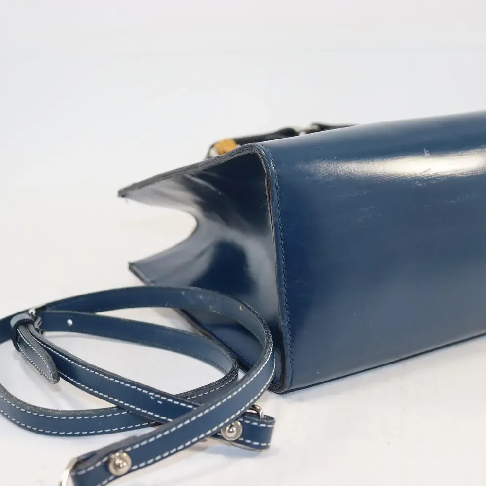 Vintage Dooney & Bourke Navy Leather Bamboo Handle Satchel‎ Crossbody